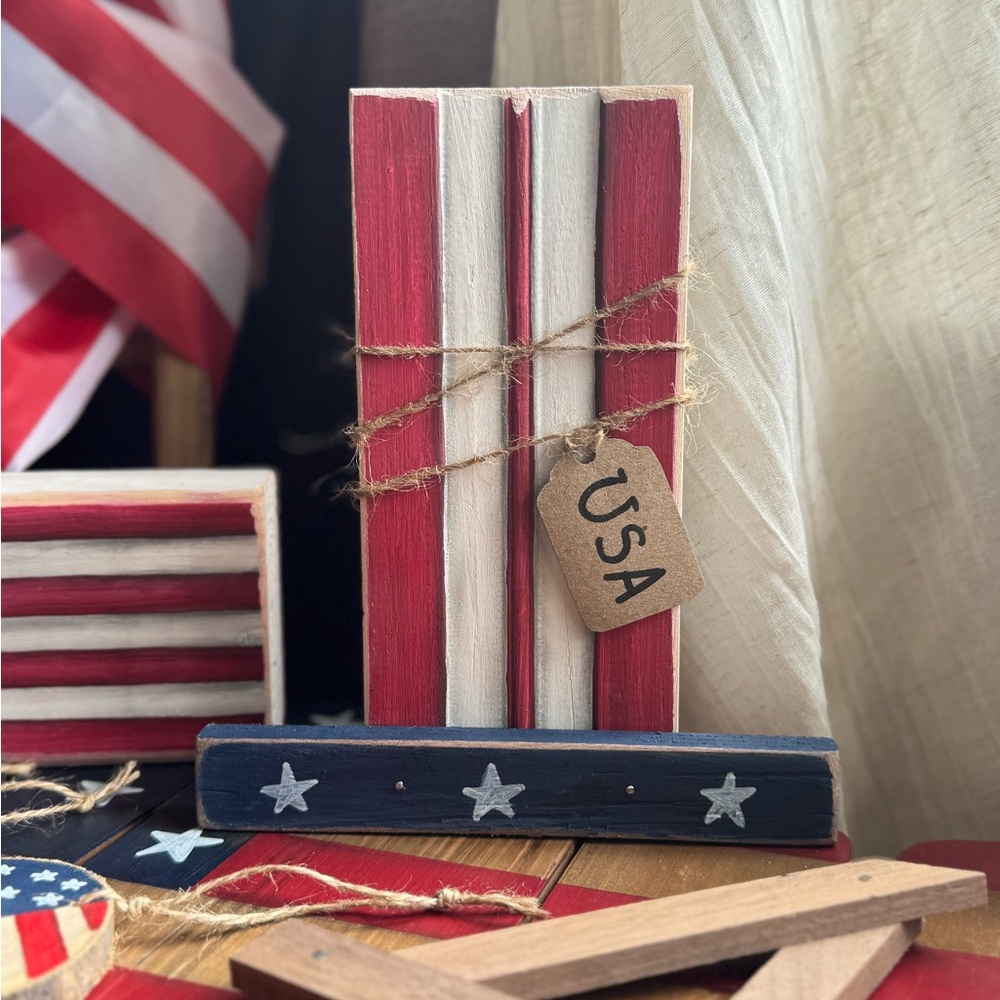 Patriotic Wooden American flag themed wooden Uncle Sam hat with USA tag on it